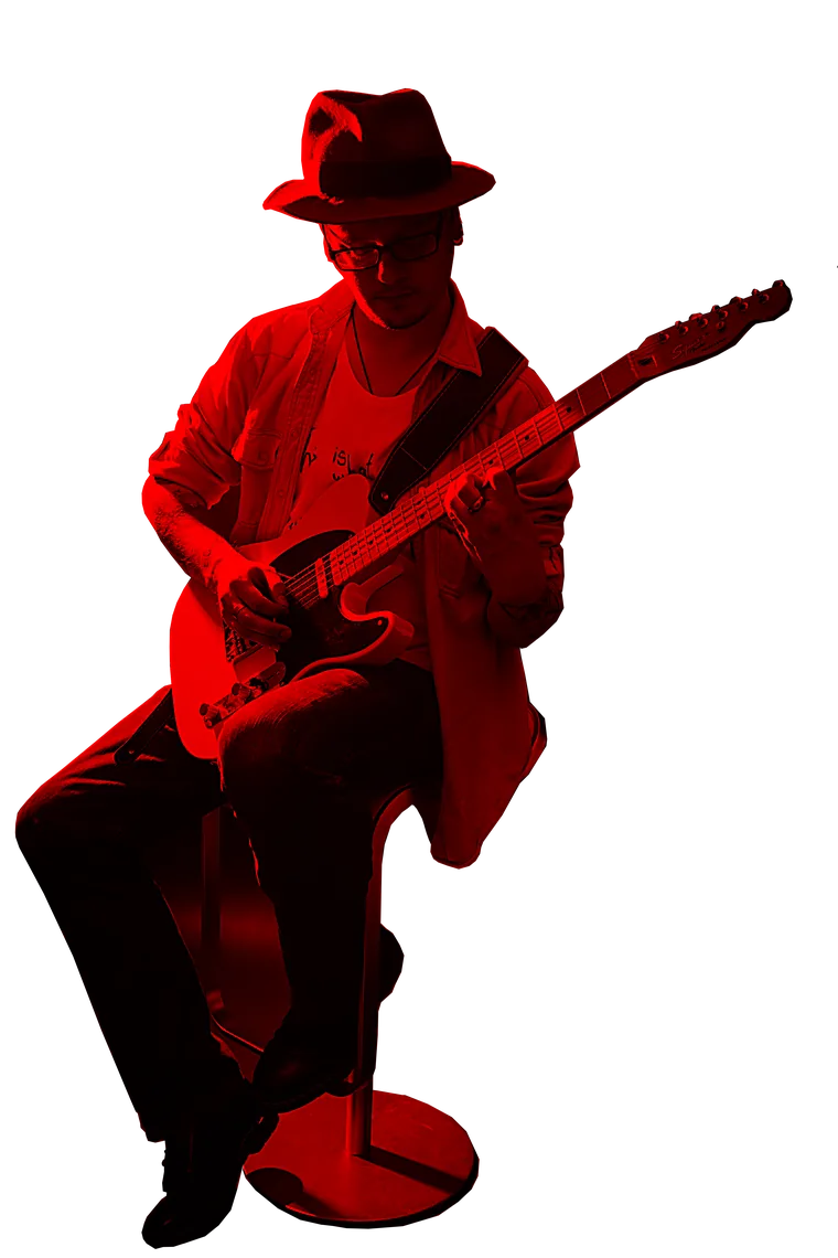 Ole Wengler mit Hut, sitzend mit einer Gitarre — in drei Farbauszügen übereinandergelegt